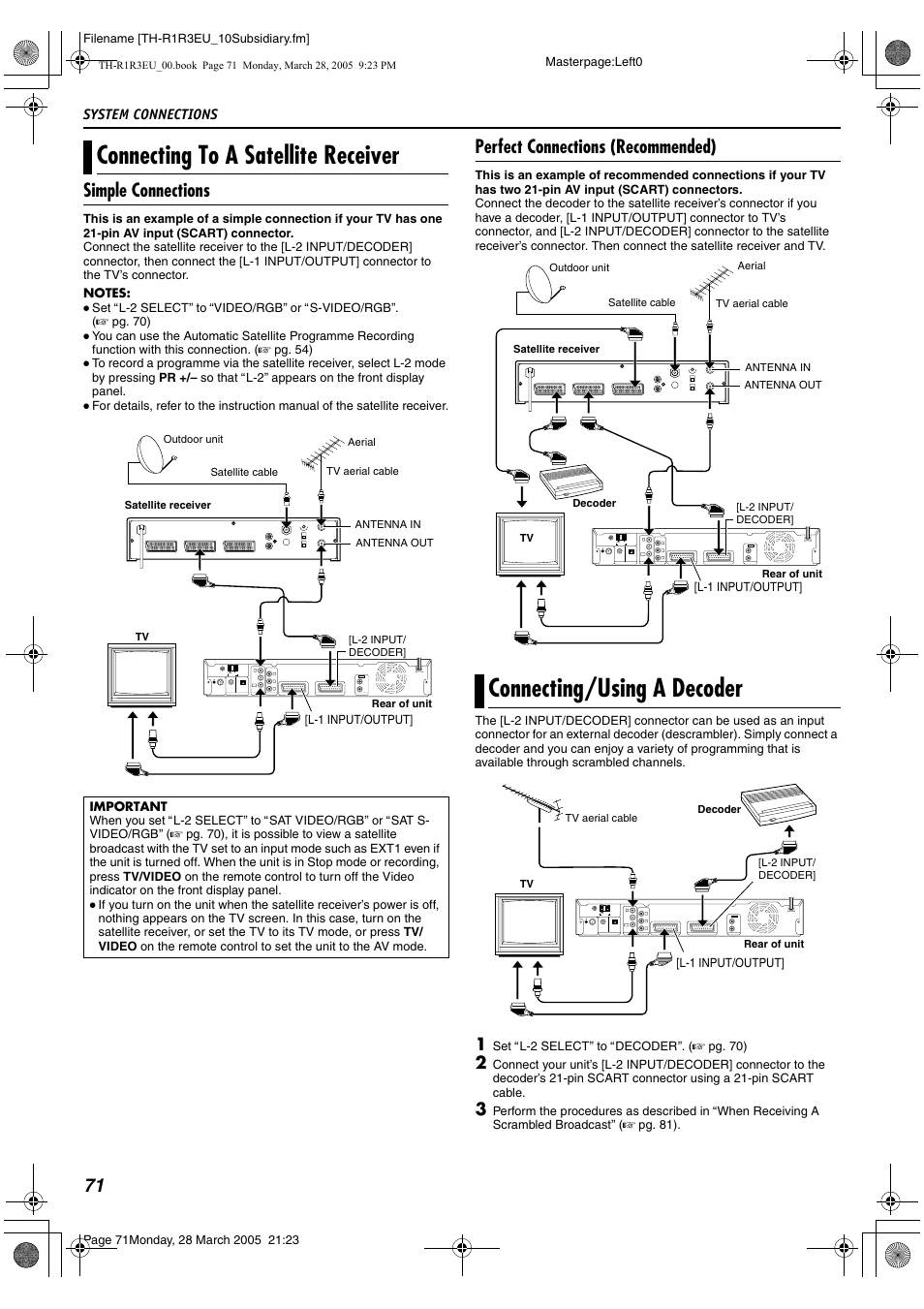 System connections, R to, Aconnecting to a | Satellite receiver, Ll. (a pg. 71), Aimportantb on p, Connecting to a satellite receiver, Connecting/using a decoder, Simple connections, Perfect connections (recommended) | JVC SP-THS55F User Manual | Page 74 / 100