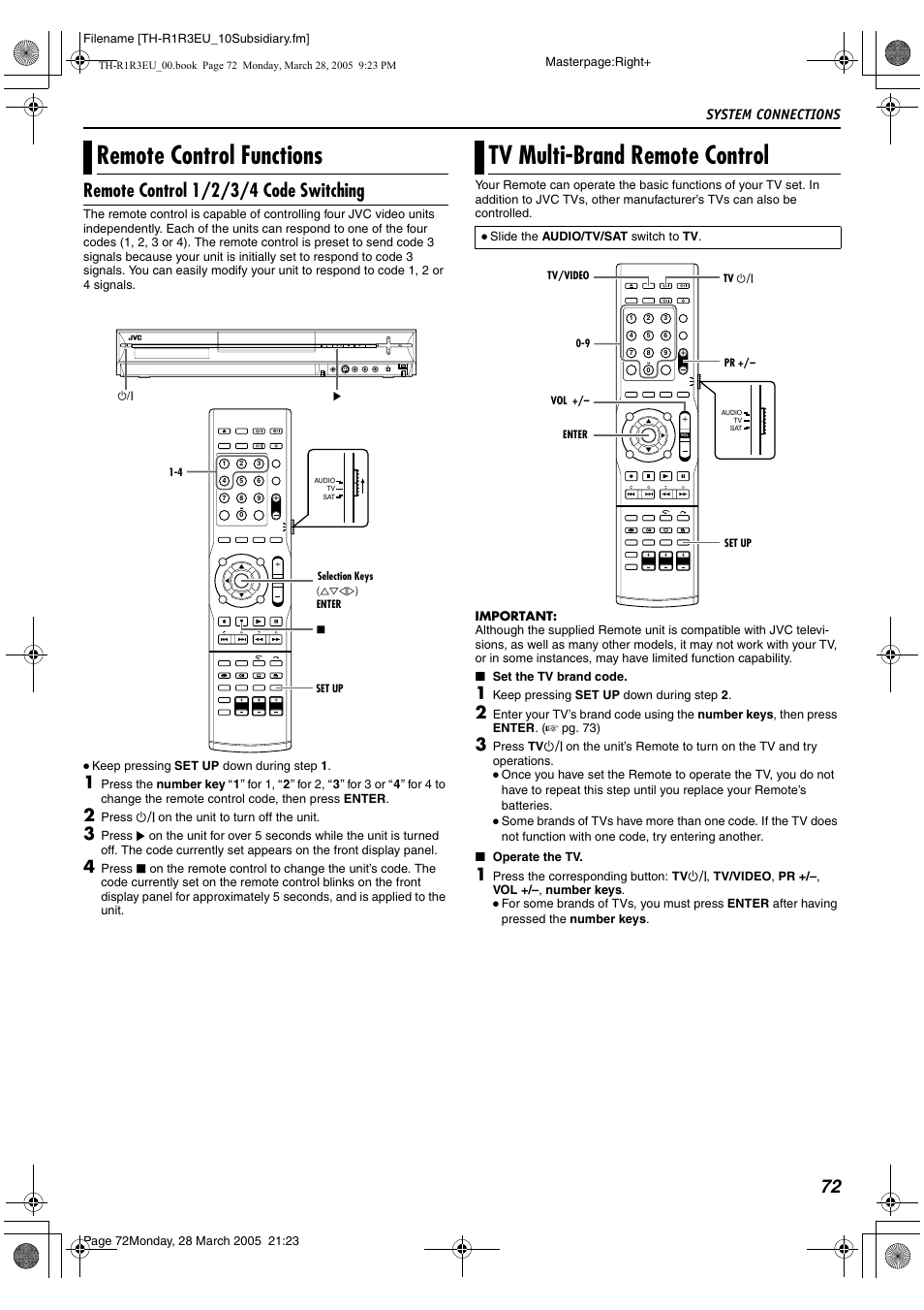 A pg. 72, Remote control functions, Tv multi-brand remote control | System connections | JVC SP-THS55F User Manual | Page 75 / 100