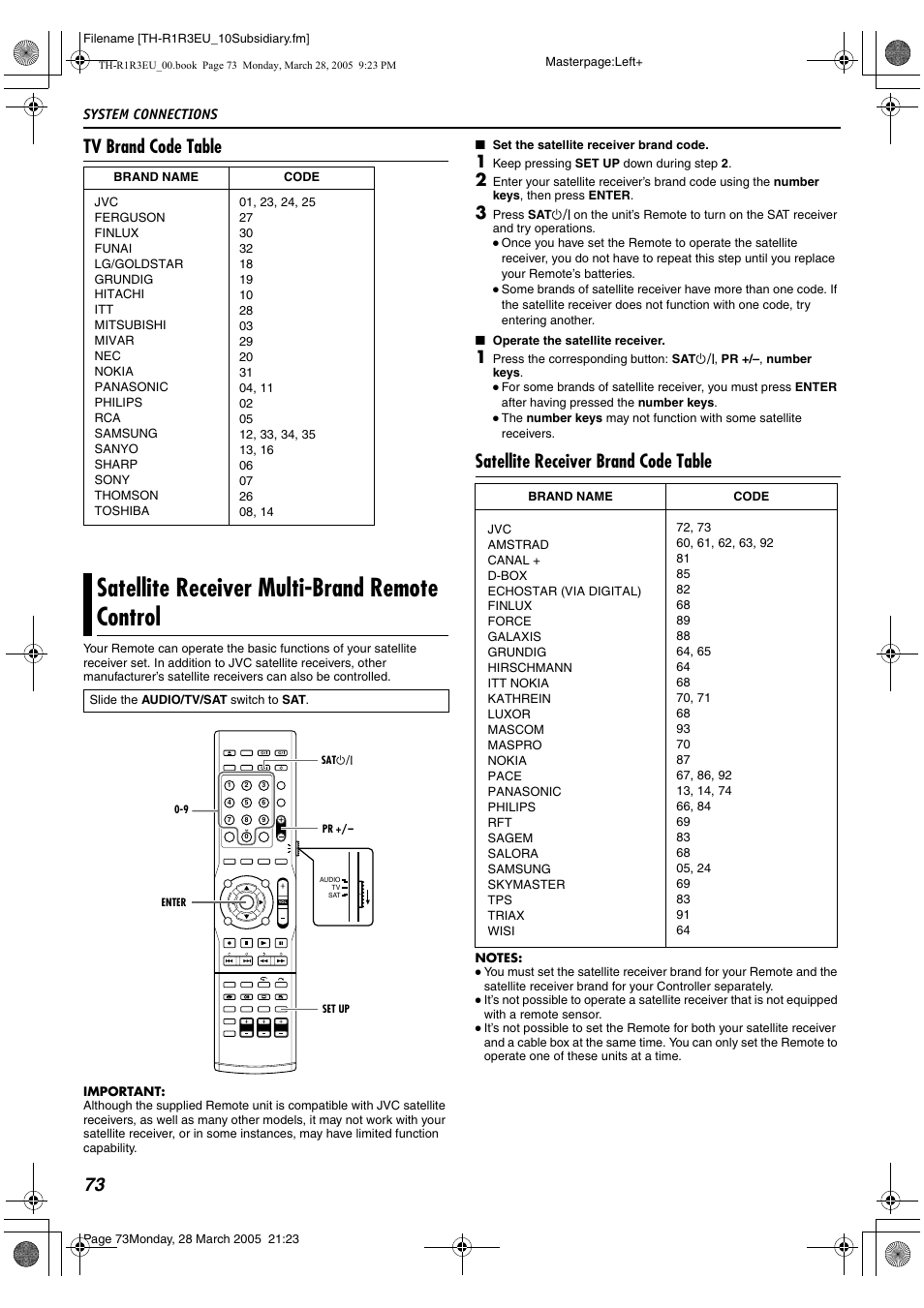 Satellite receiver multi-brand remote control, A pg. 73, 73 tv brand code table | Satellite receiver brand code table | JVC SP-THS55F User Manual | Page 76 / 100