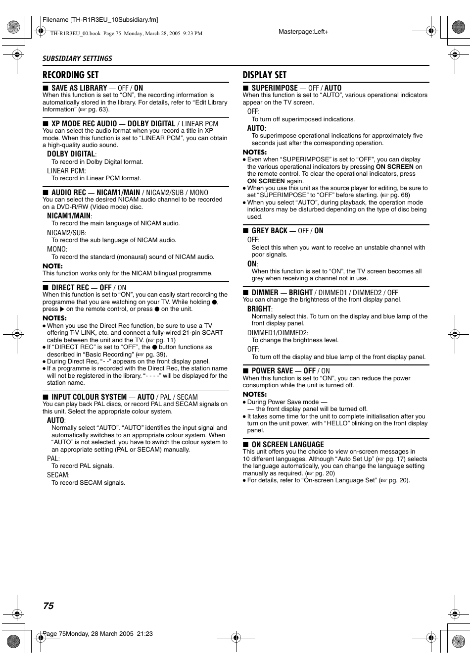 A pg. 75), Ting. (a pg. 75), 75 recording set | Display set | JVC SP-THS55F User Manual | Page 78 / 100