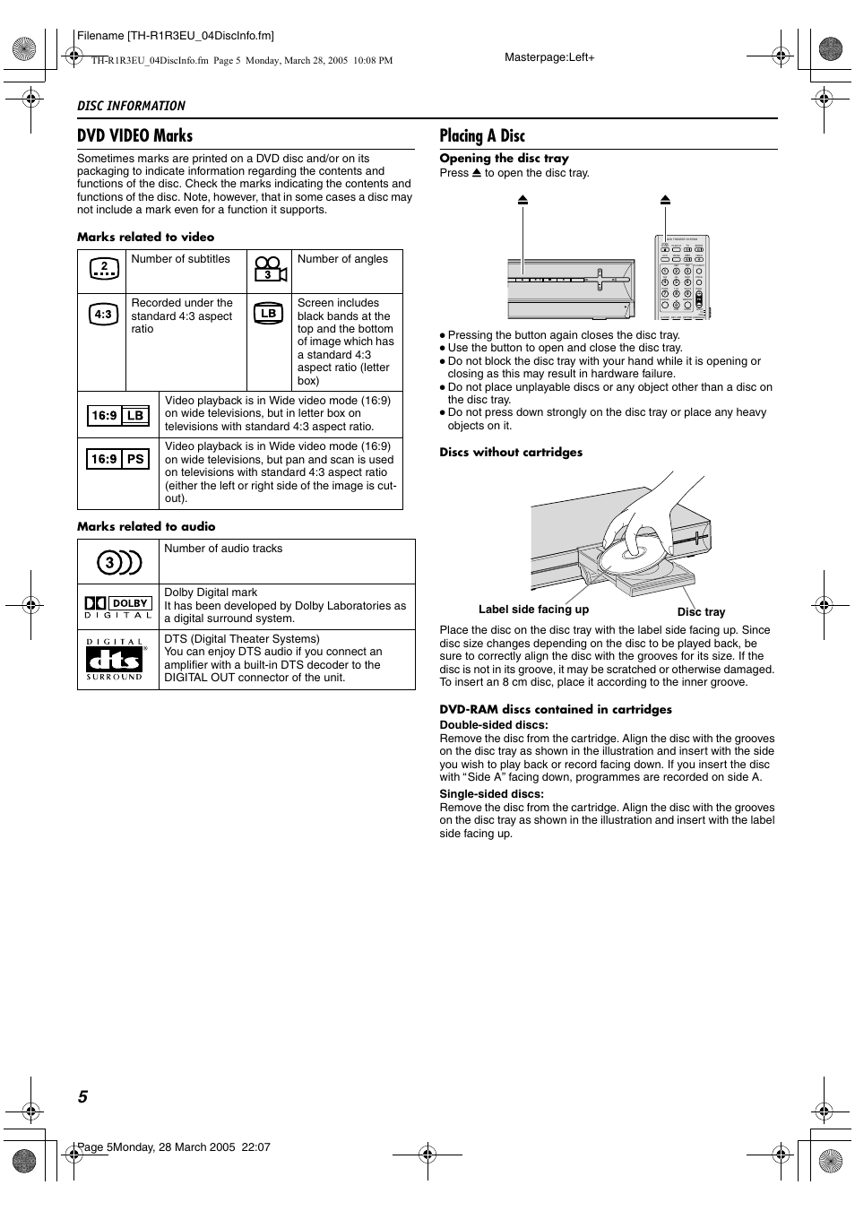 5dvd video marks, Placing a disc, Disc information | Pressing the button again closes the disc tray, Use the button to open and close the disc tray, Disc tray label side facing up | JVC SP-THS55F User Manual | Page 8 / 100