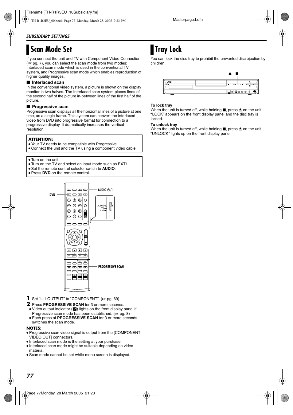 Scan mode set tray lock, A pg. 77, Ascan mode setb (a pg. 77) | Scan mode set, Tray lock, Subsidiary settings | JVC SP-THS55F User Manual | Page 80 / 100