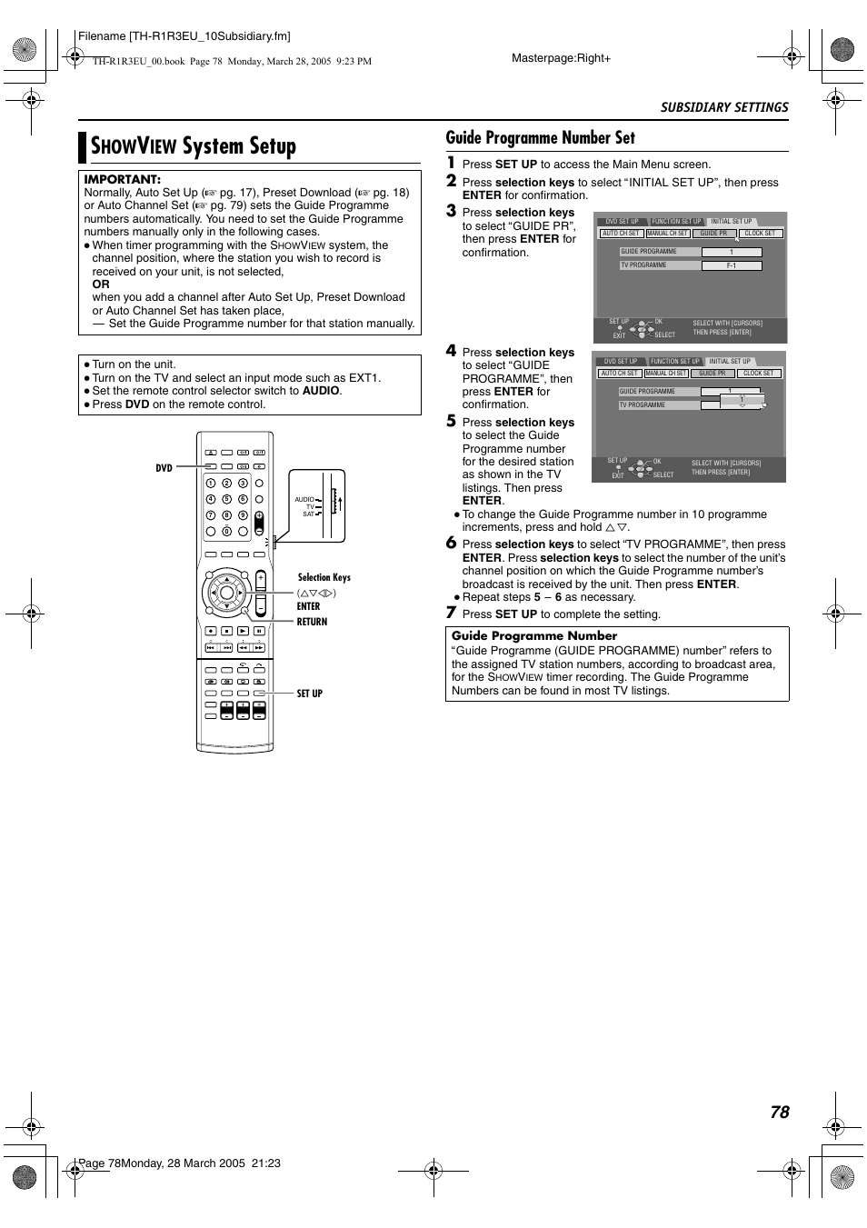System setup, B (a pg. 78) and, A pg. 78) | 78 guide programme number set, Subsidiary settings | JVC SP-THS55F User Manual | Page 81 / 100
