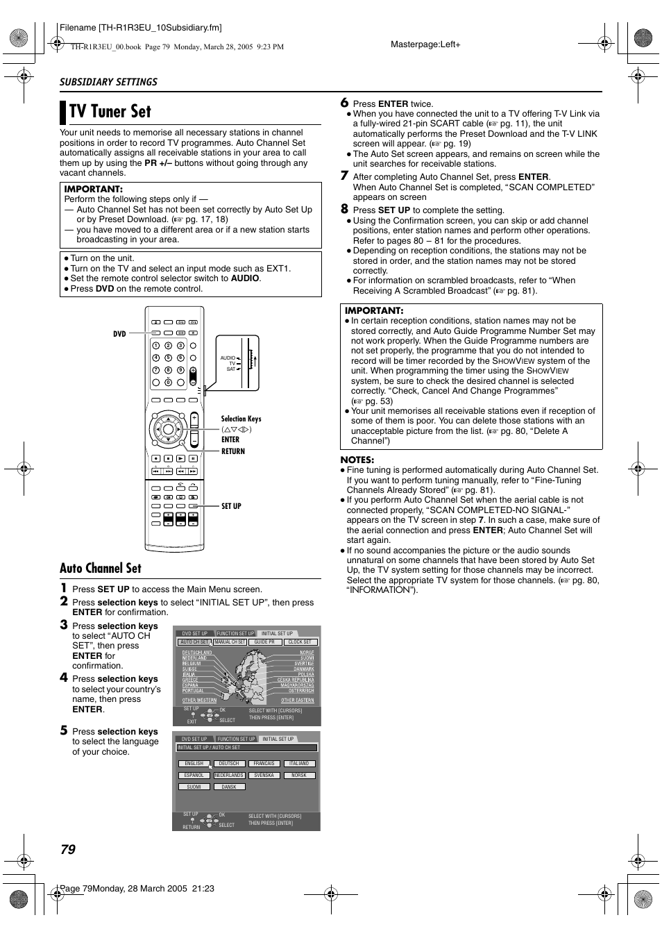 Tv tuner set, Setting (a pg. 79), Tuner setting. (a pg. 79) | Hannel set (a pg. 79) sets the guid, Auto channel set, Subsidiary settings | JVC SP-THS55F User Manual | Page 82 / 100