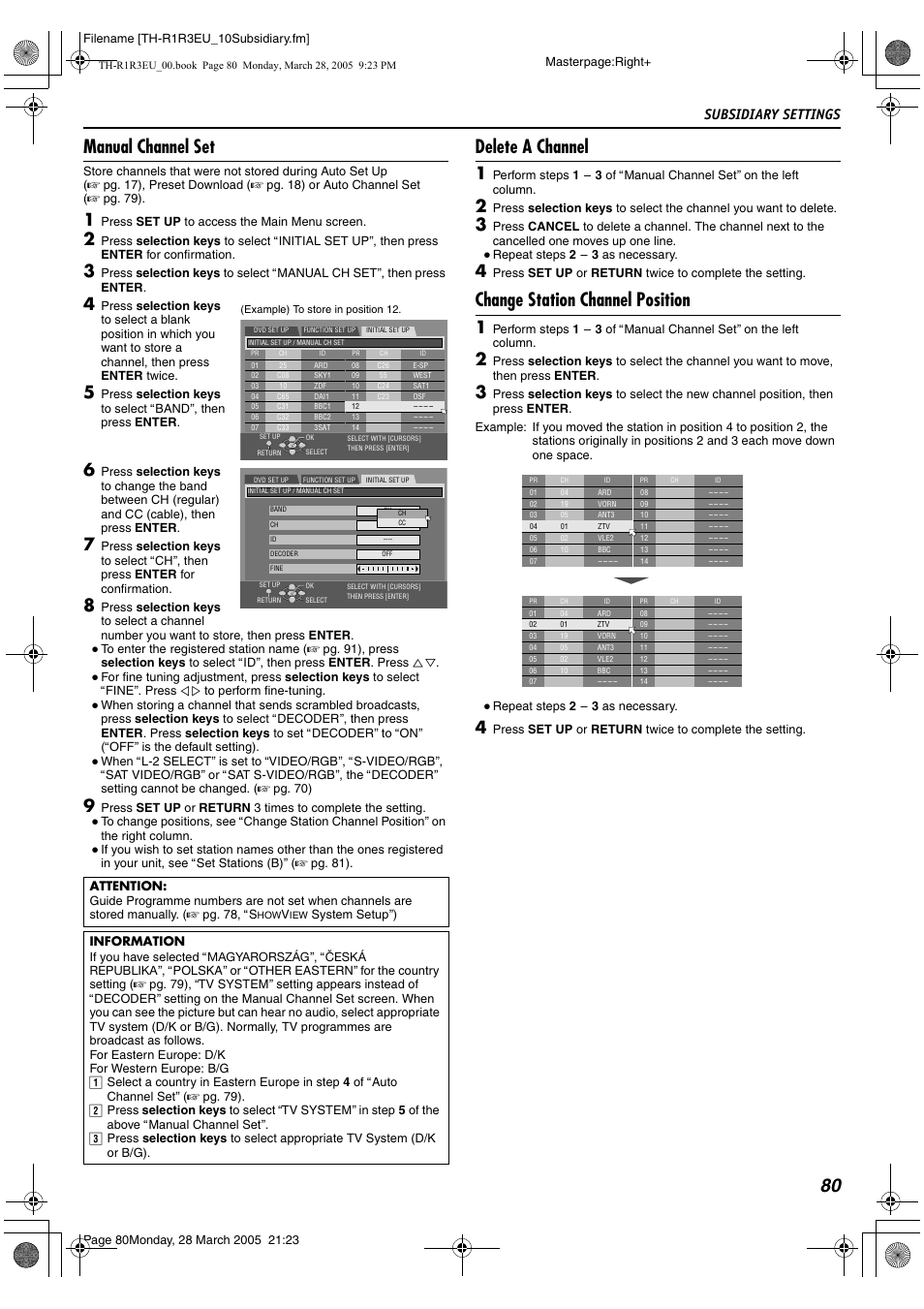 A pg. 80, ainformationb), 80 an, 80 and 81 | A pg. 80, Adelete a channelb), A pg. 80), The list. (a pg. 80, Adelete a, Channel, 80 manual channel set | JVC SP-THS55F User Manual | Page 83 / 100