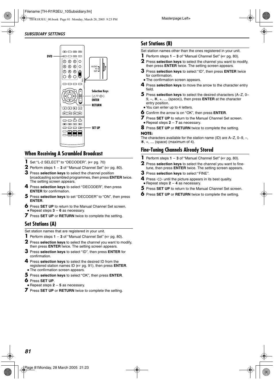 A pg. 81), D 81, Ibed in | Awhen receiving a, Scrambled broadcast, B (a pg. 81), 81 f, Awhen, Receiving a scrambled broadcast, R to | JVC SP-THS55F User Manual | Page 84 / 100
