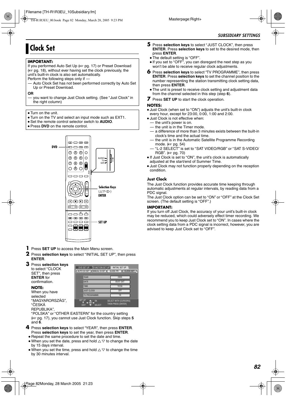Clock set, A pg. 82), Ually (a pg. 82), then go | It. (a pg. 82), K setting (a pg. 82), Aclock setb (a pg. 82), K (a pg. 82) does not, Subsidiary settings | JVC SP-THS55F User Manual | Page 85 / 100