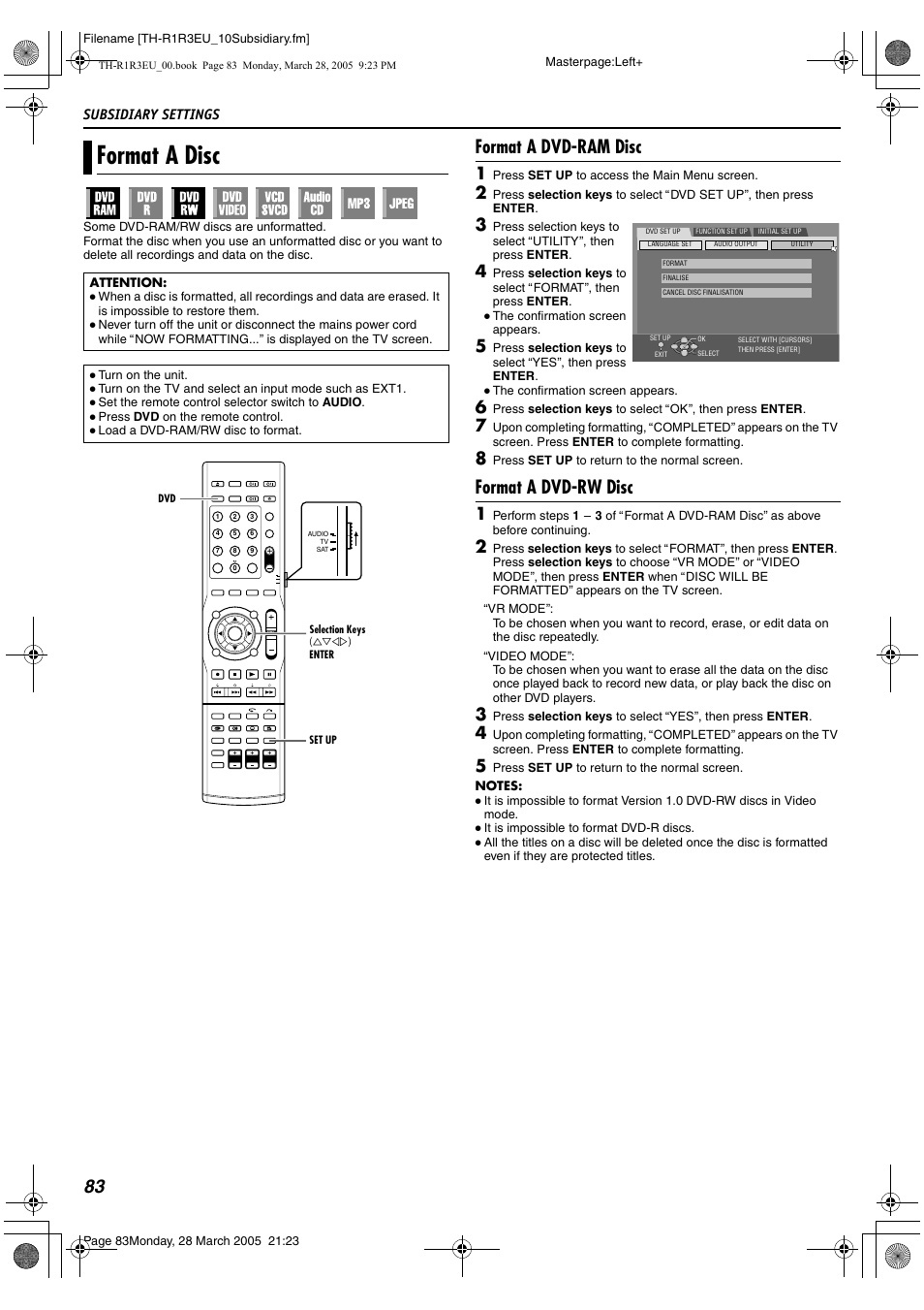 Format a disc, A pg. 83), Sc (a pg. 83) or inser | A pg. 83, 84, Format a dvd-ram disc, Format a dvd-rw disc, Subsidiary settings | JVC SP-THS55F User Manual | Page 86 / 100