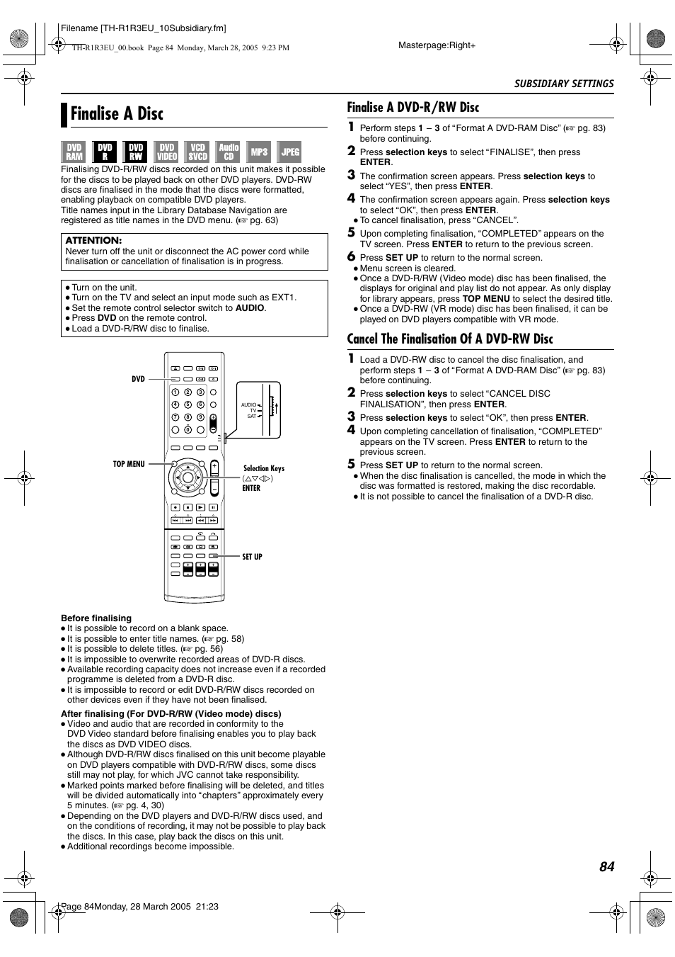 Finalise a disc, Afinalise a discb (a pg. 84), Finalise a dvd-r/rw disc | Cancel the finalisation of a dvd-rw disc | JVC SP-THS55F User Manual | Page 87 / 100