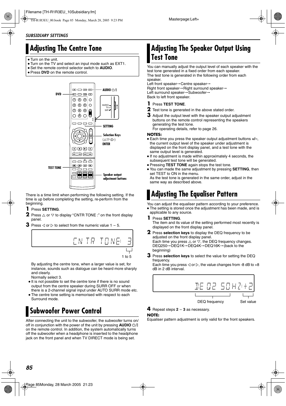 A pg. 85, Adjusting the centre tone, Subwoofer power control | JVC SP-THS55F User Manual | Page 88 / 100