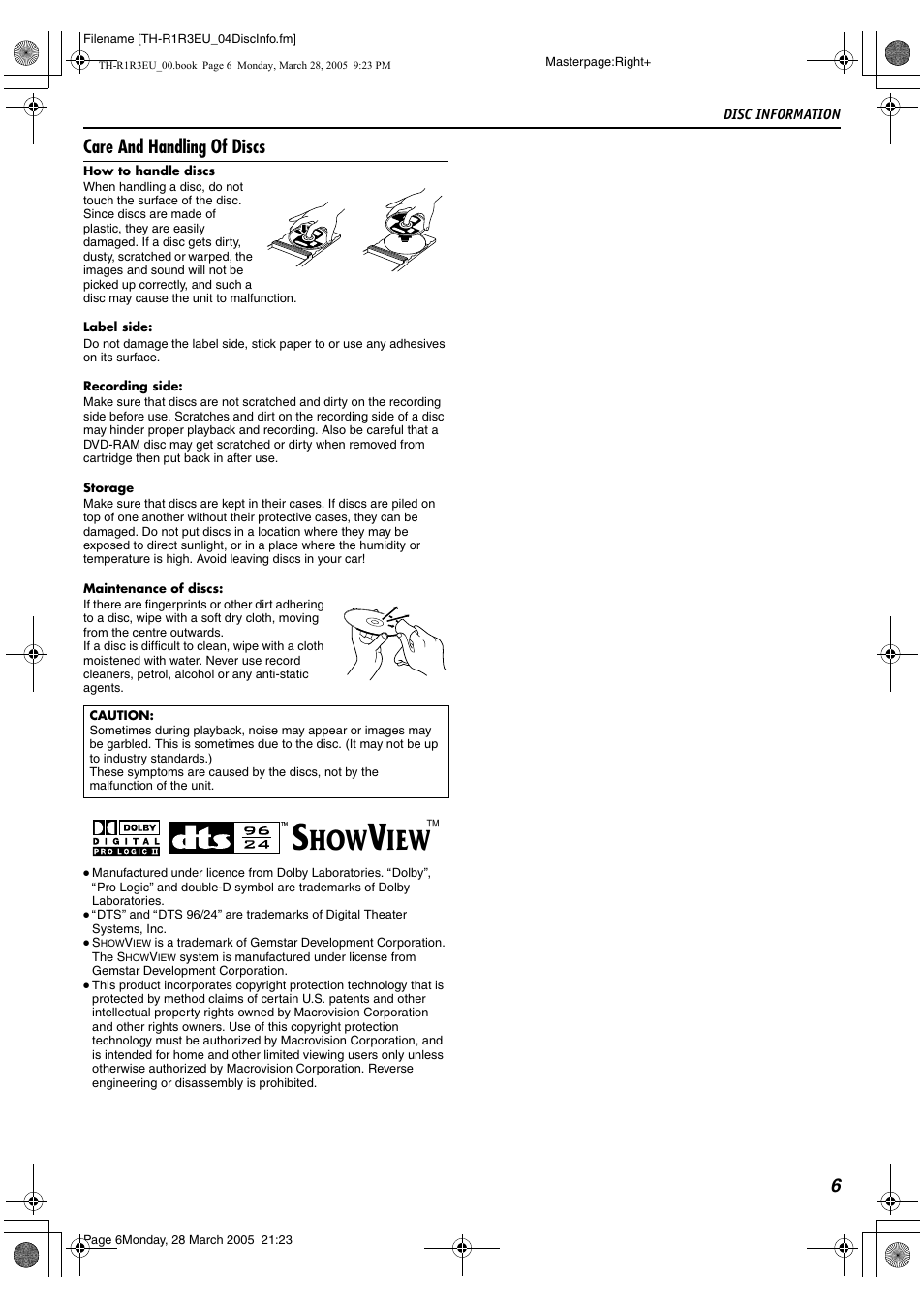 6care and handling of discs | JVC SP-THS55F User Manual | Page 9 / 100