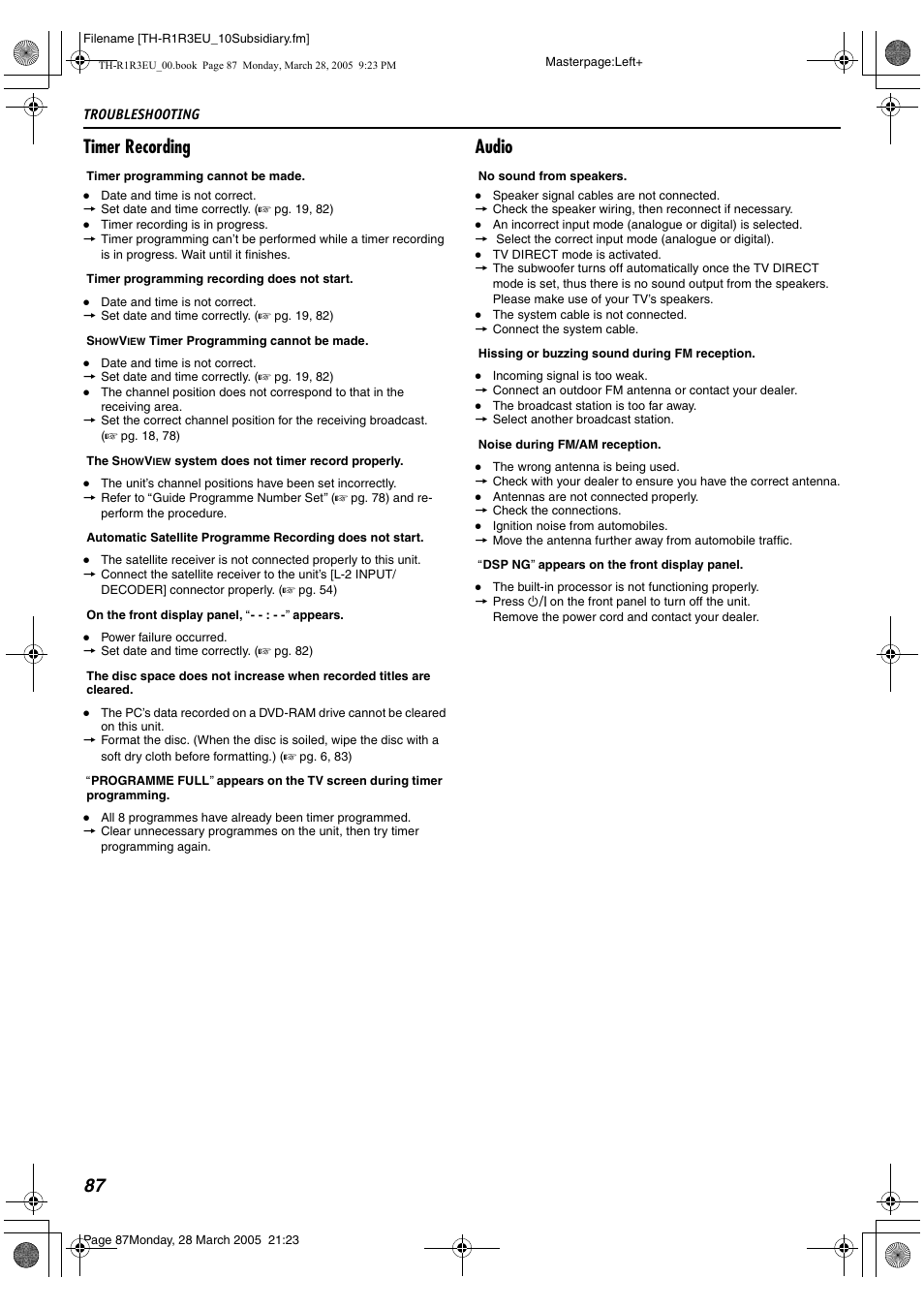 87 timer recording, Audio | JVC SP-THS55F User Manual | Page 90 / 100