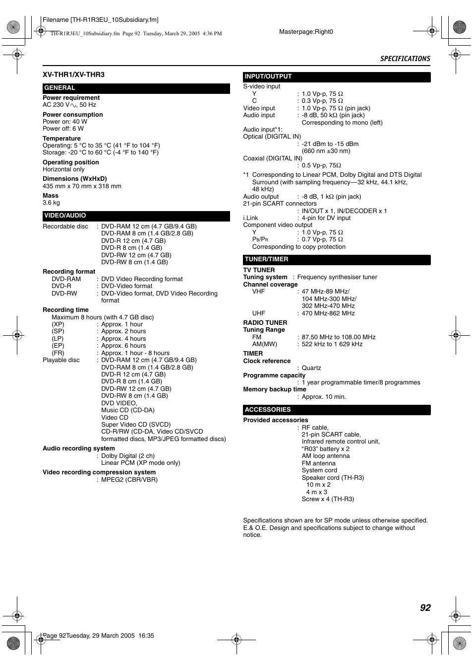 Specifications, Aaccessoriesb (a pg. 92) | JVC SP-THS55F User Manual | Page 95 / 100