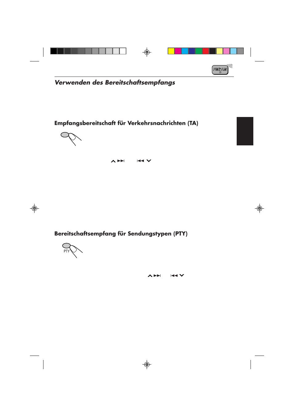 Verwenden des bereitschaftsempfangs, Empfangsbereitschaft für verkehrsnachrichten (ta), Bereitschaftsempfang für sendungstypen (pty) | JVC KD-S653R User Manual | Page 39 / 114