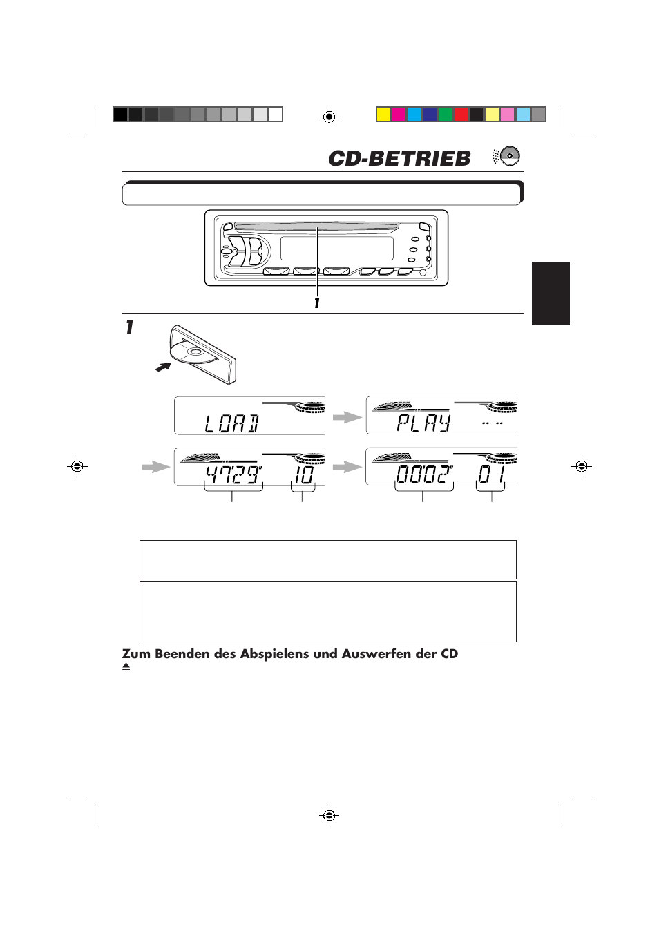 Cd-betrieb, Abspielen einer cd, Eine cd in den ladeschlitz einlegen | JVC KD-S653R User Manual | Page 45 / 114