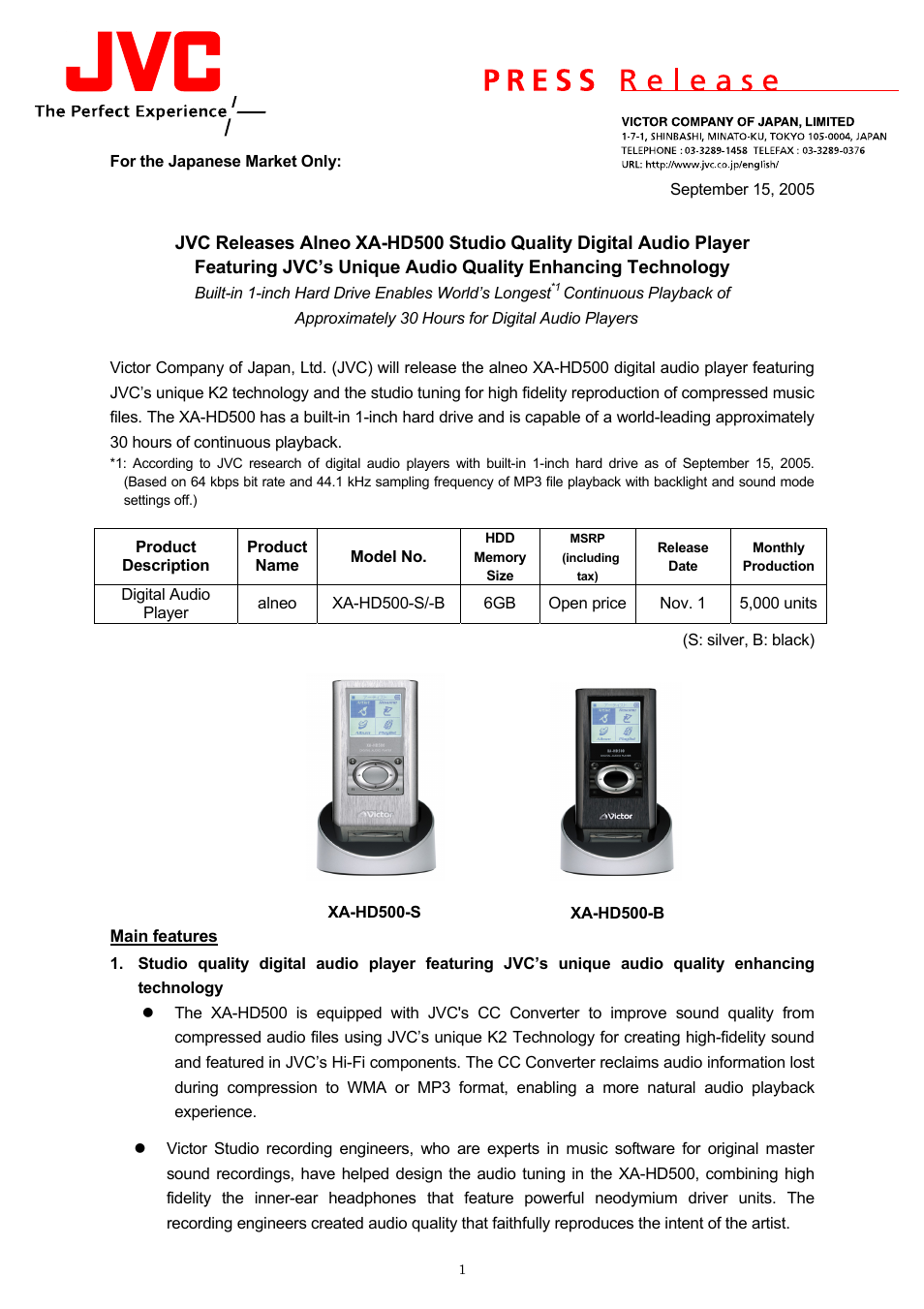 JVC XA-HD500 User Manual | 4 pages