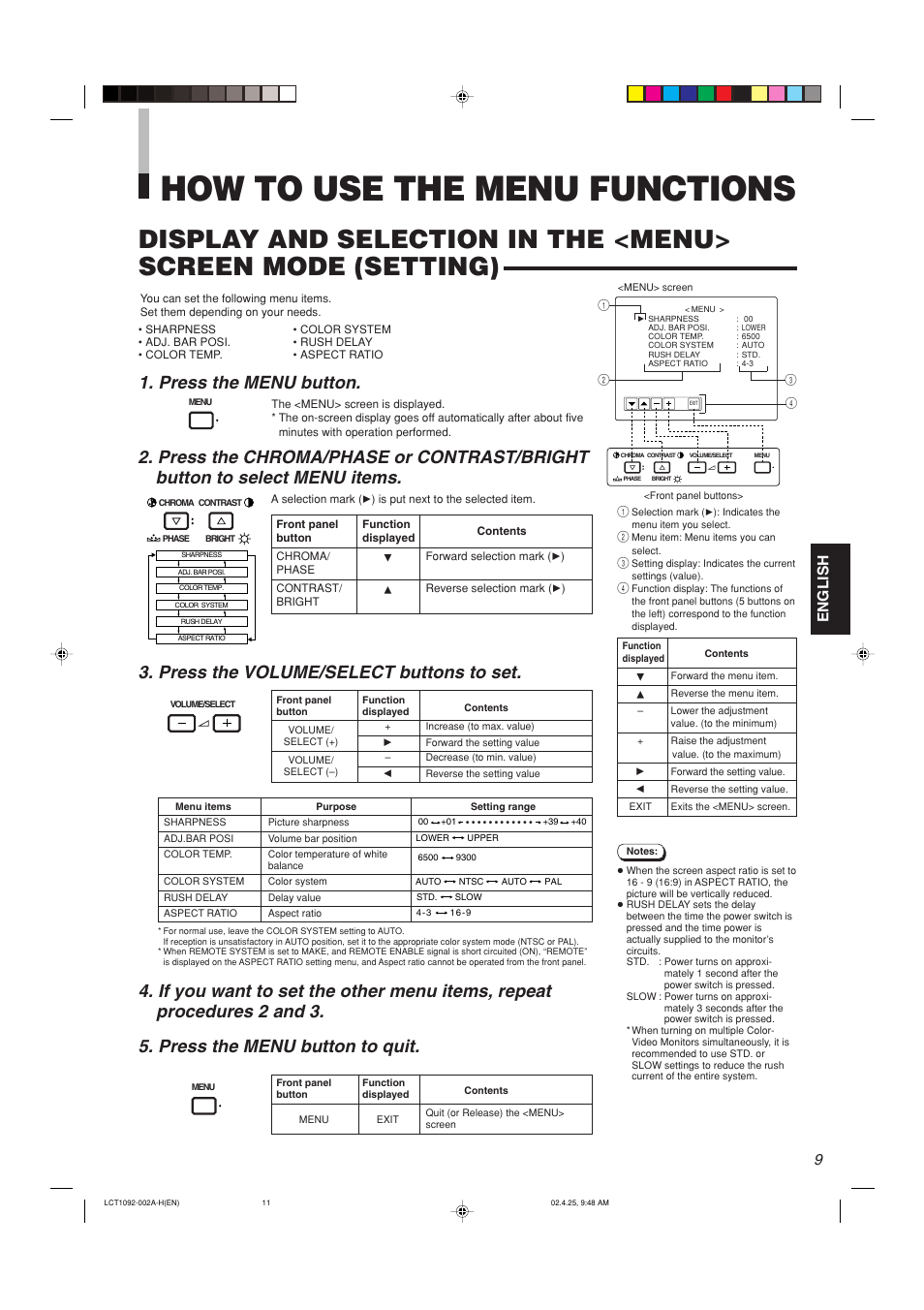 How to use the menu functions, Press the menu button, English | JVC TM-H1700G User Manual | Page 10 / 21