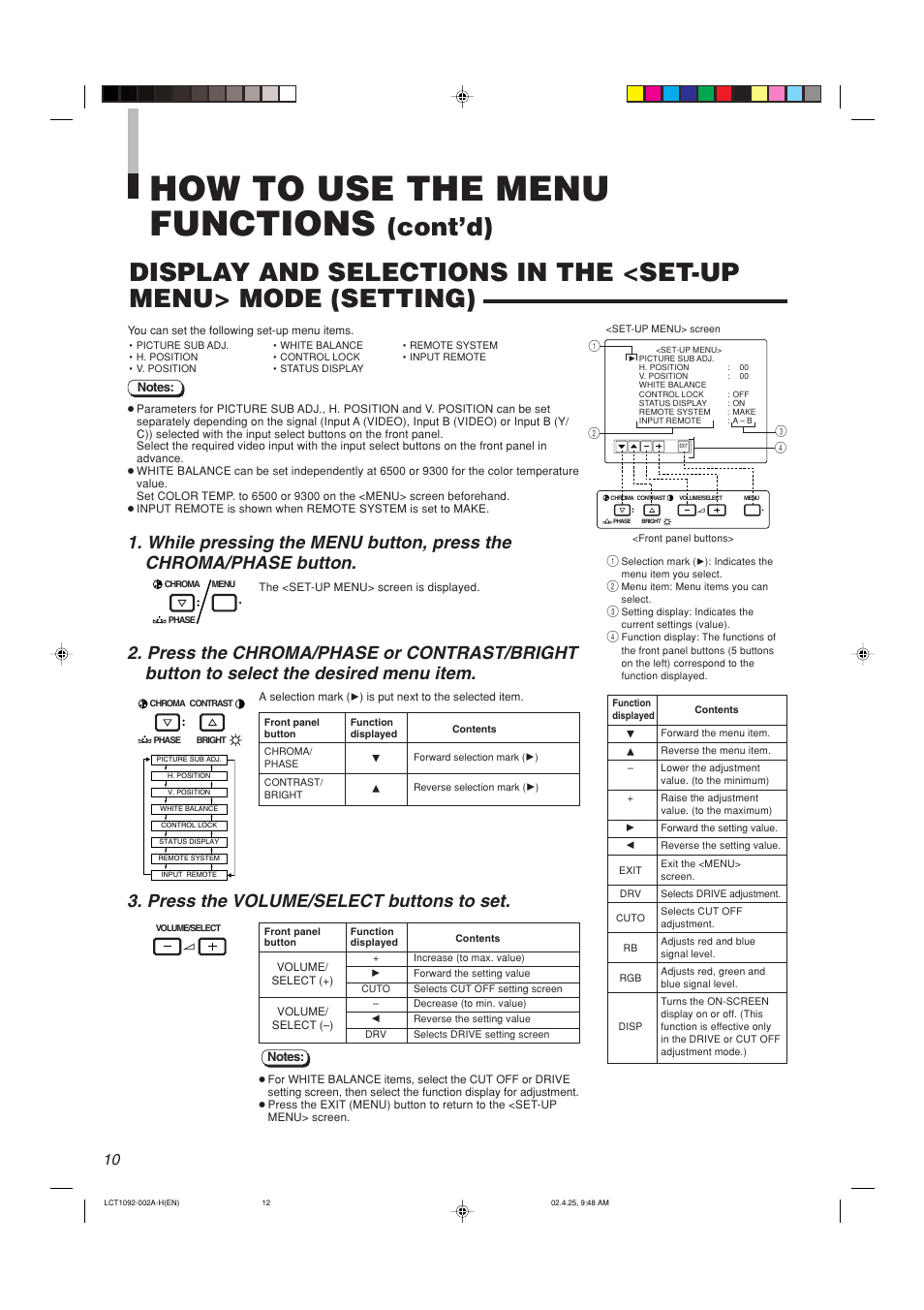 How to use the menu functions, Cont’d), Press the volume/select buttons to set | JVC TM-H1700G User Manual | Page 11 / 21