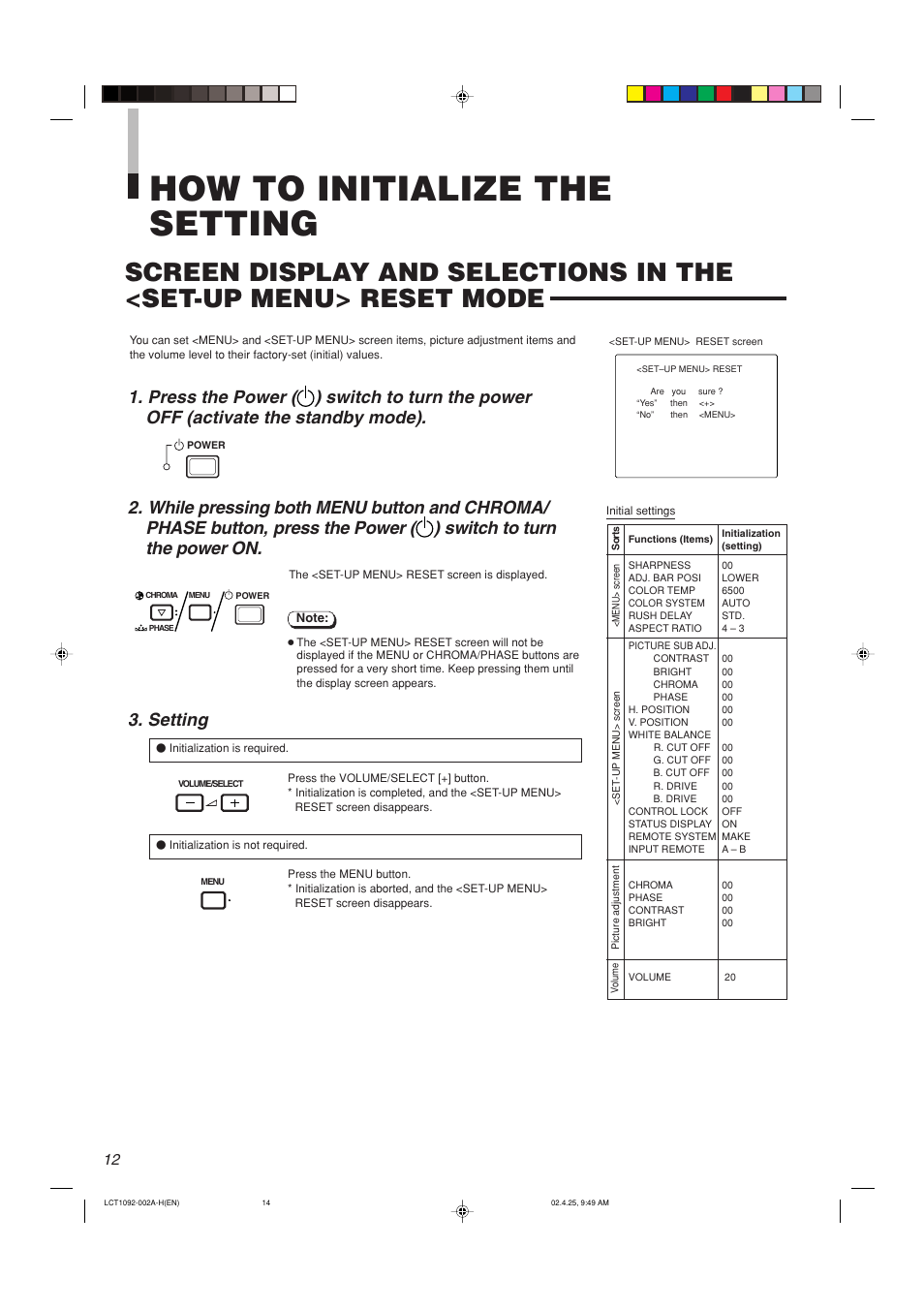 How to initialize the setting | JVC TM-H1700G User Manual | Page 13 / 21