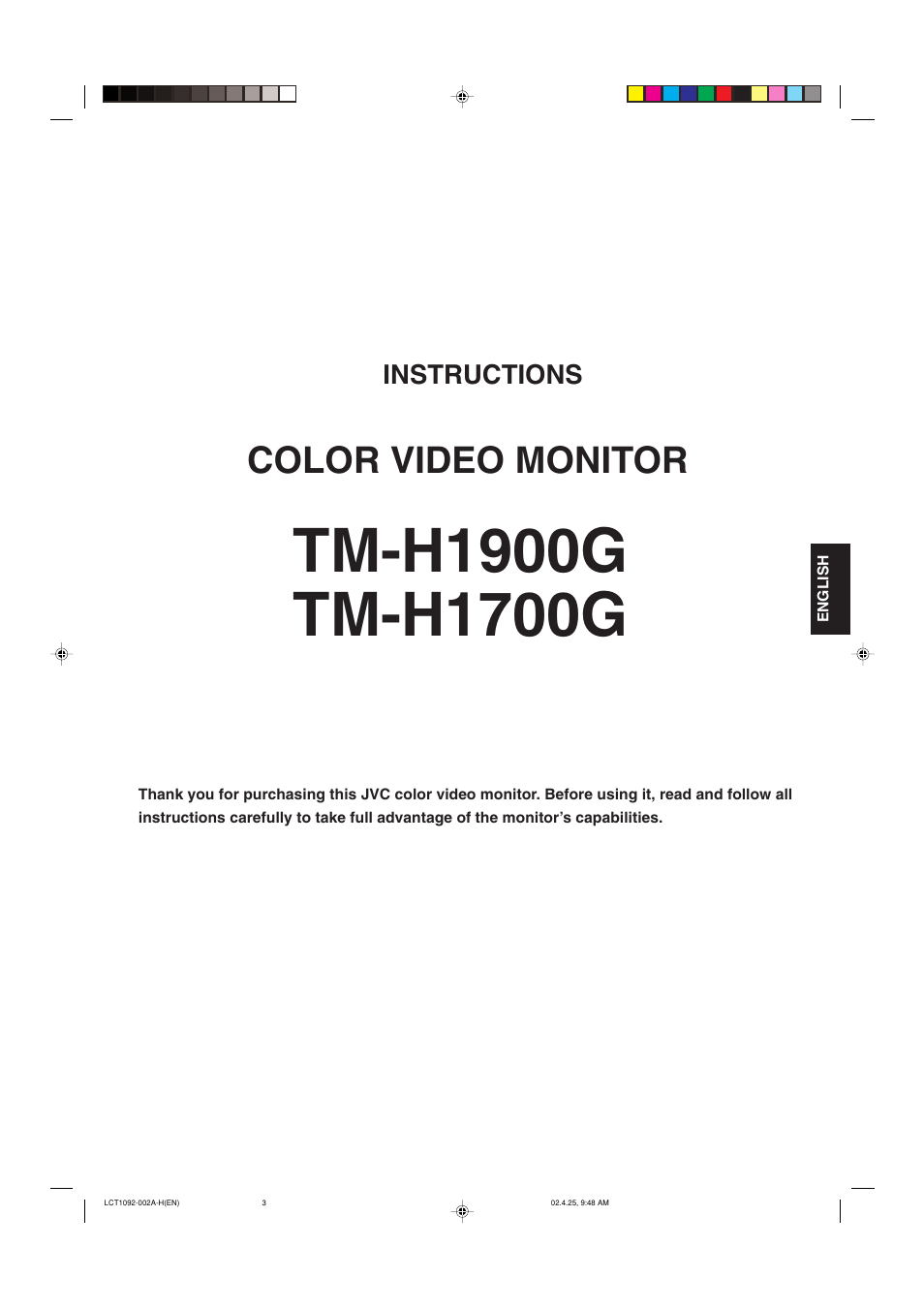 Color video monitor, Instructions | JVC TM-H1700G User Manual | Page 2 / 21