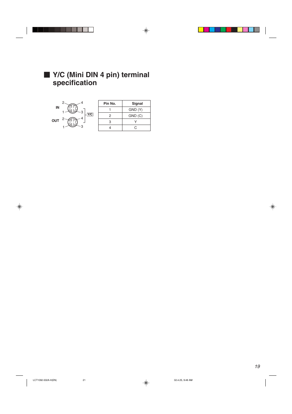 Y/c (mini din 4 pin) terminal specification | JVC TM-H1700G User Manual | Page 20 / 21