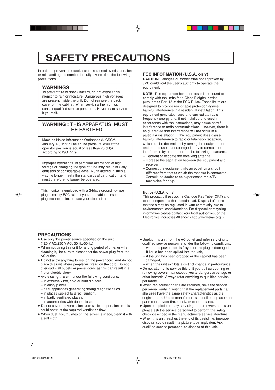 Safety precautions, Warnings, Warning : this apparatus must be earthed | JVC TM-H1700G User Manual | Page 3 / 21