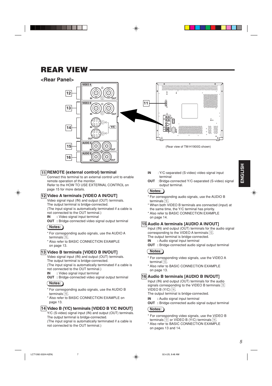 Rear view, Rear panel | JVC TM-H1700G User Manual | Page 6 / 21