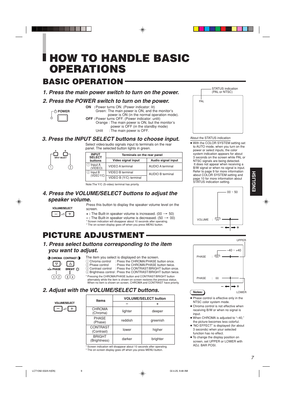How to handle basic operations, Basic operation, Picture adjustment | Basic operation picture adjustment, Press the power switch to turn on the power, Press the input select buttons to choose input, Adjust with the volume/select buttons, Press the main power switch to turn on the power, English | JVC TM-H1700G User Manual | Page 8 / 21