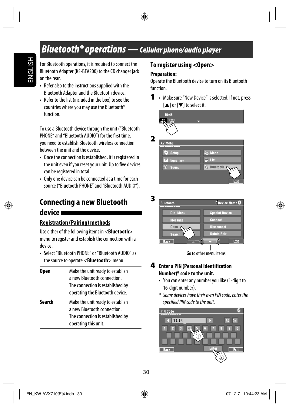 Bluetooth® operations, Connecting a new bluetooth device, Cellular phone/audio player | JVC LVT1778-001A User Manual | Page 106 / 666