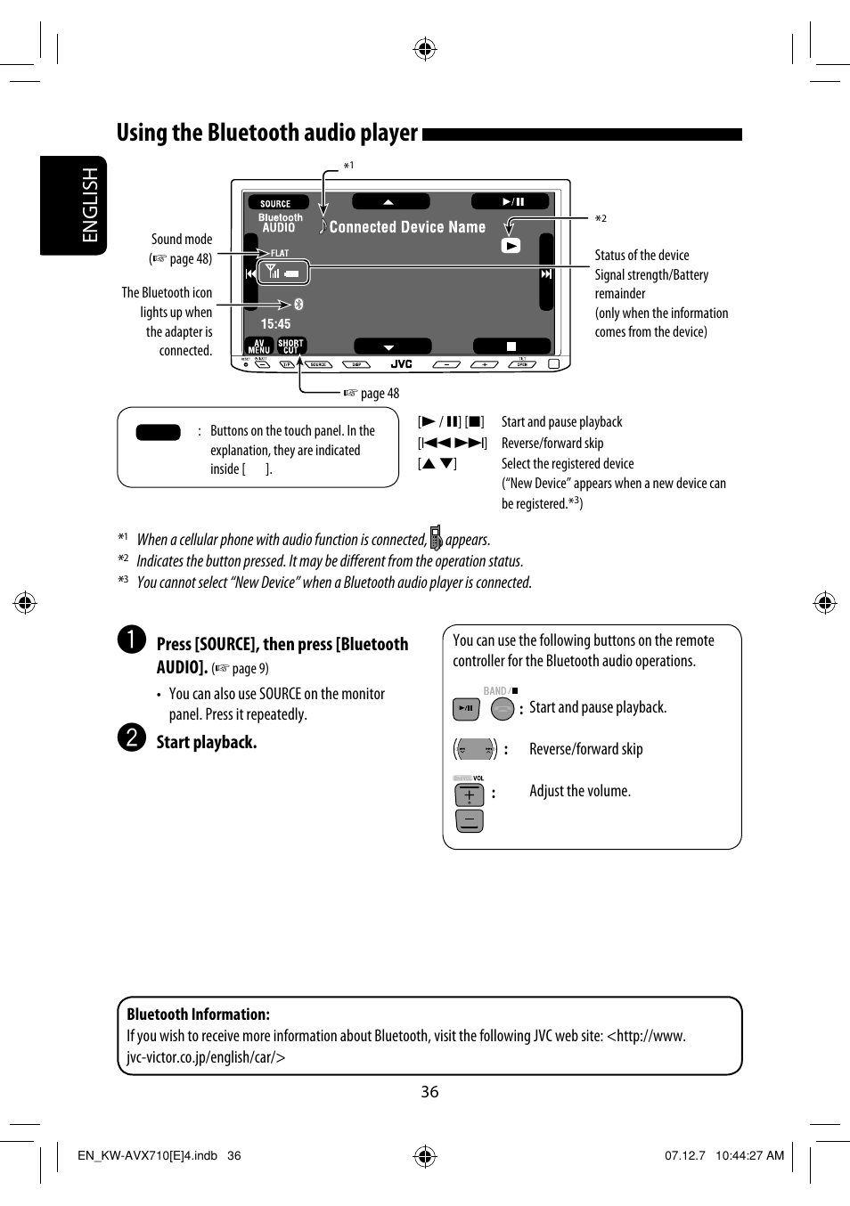 Using the bluetooth audio player, English | JVC LVT1778-001A User Manual | Page 112 / 666