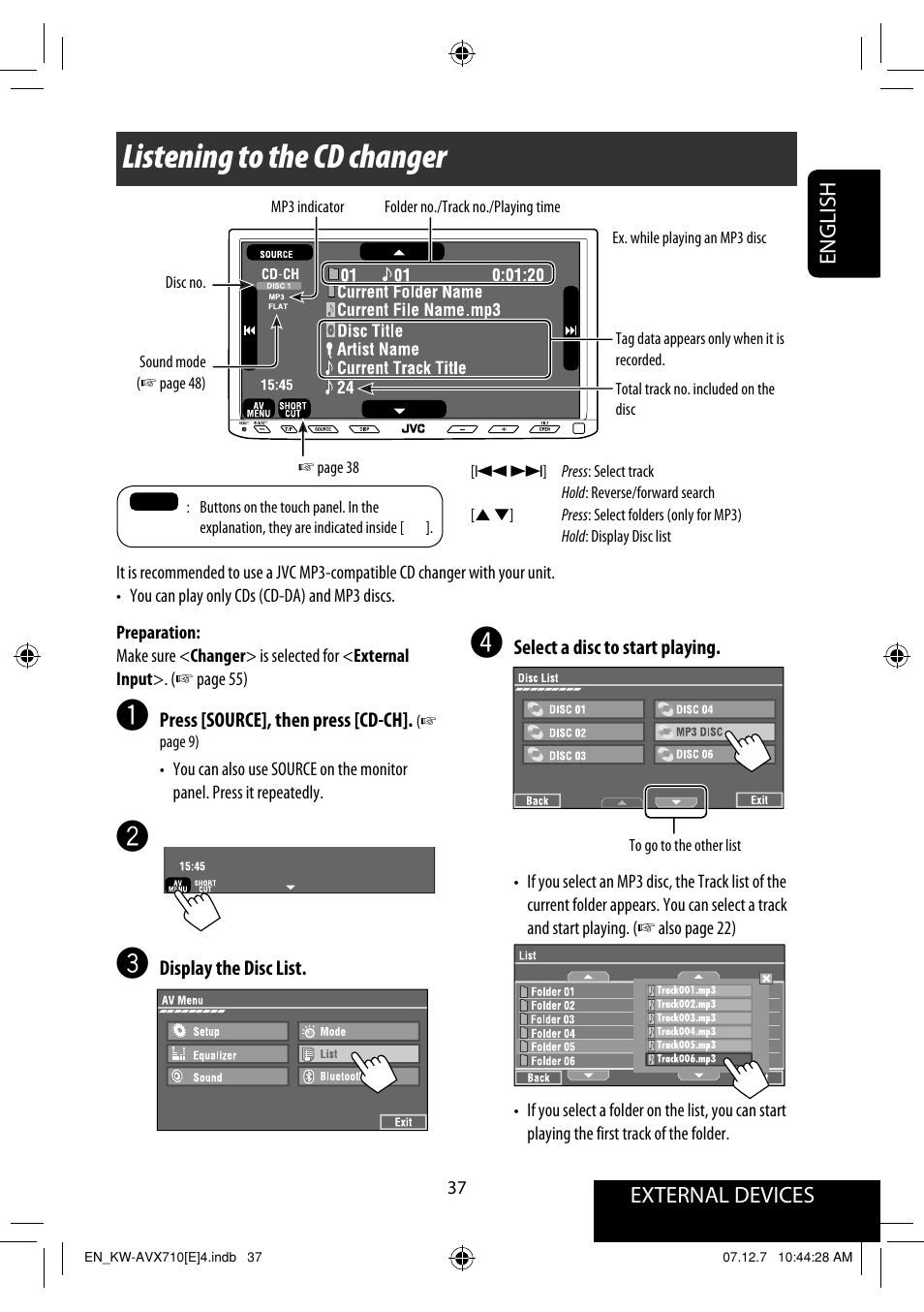 Listening to the cd changer, External devices english | JVC LVT1778-001A User Manual | Page 113 / 666