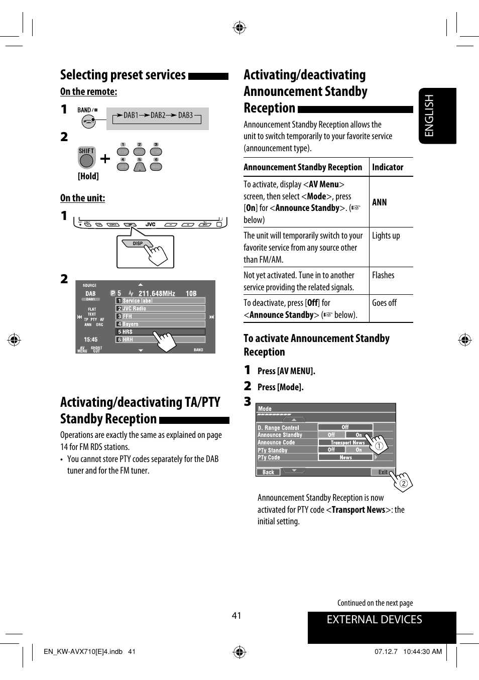 Selecting preset services, Activating/deactivating ta/pty standby reception | JVC LVT1778-001A User Manual | Page 117 / 666