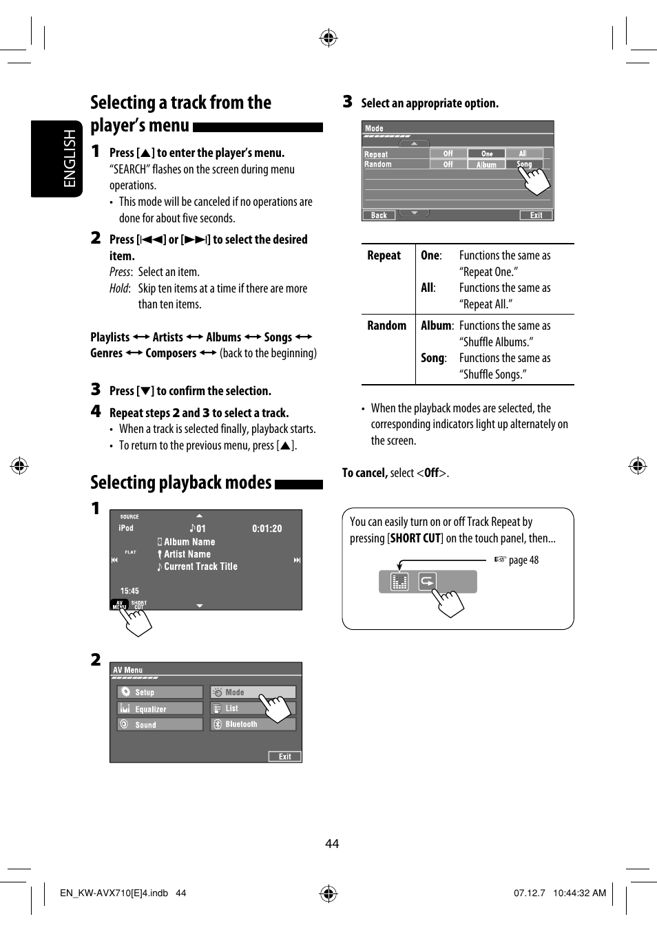 Selecting a track from the player’s menu, Selecting playback modes | JVC LVT1778-001A User Manual | Page 120 / 666