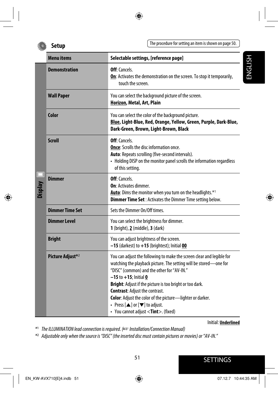 Settings, English setup, Display | JVC LVT1778-001A User Manual | Page 127 / 666