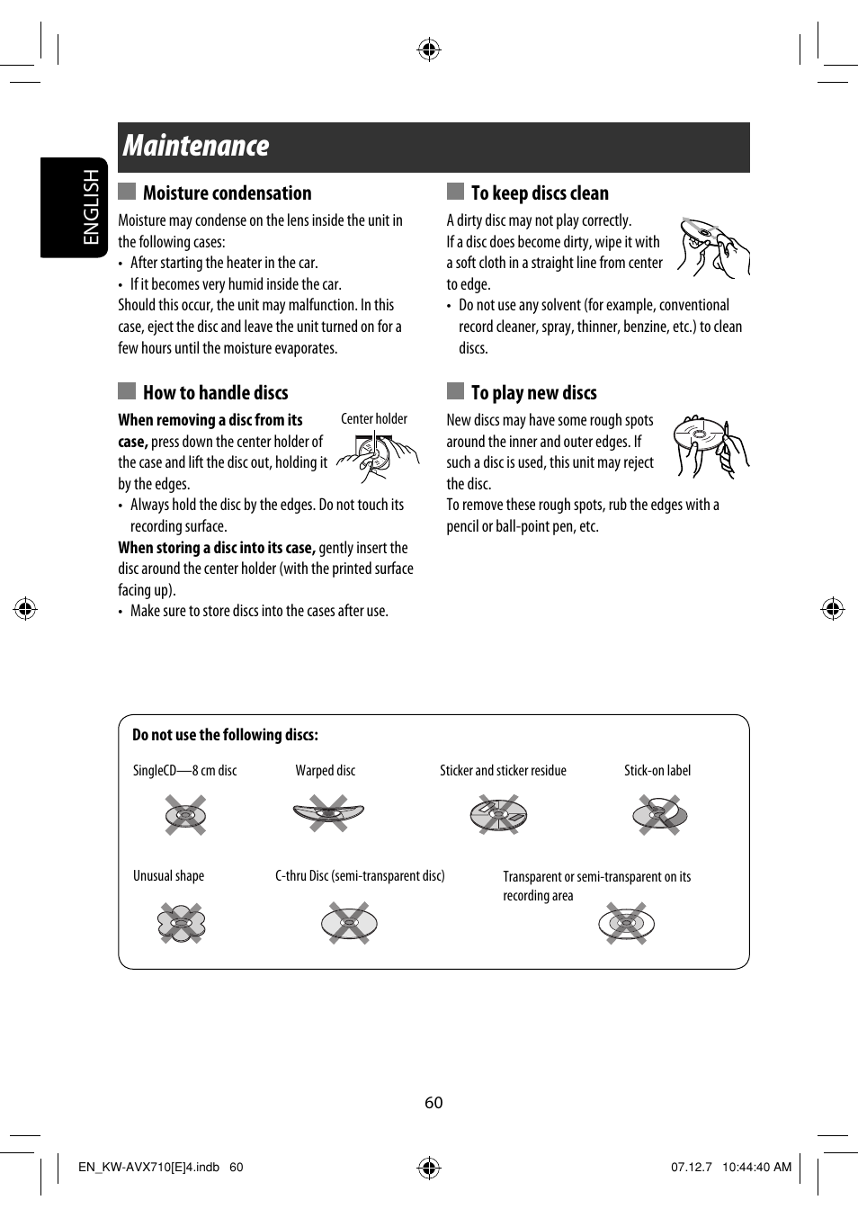 Maintenance, English, Moisture condensation | How to handle discs | JVC LVT1778-001A User Manual | Page 136 / 666