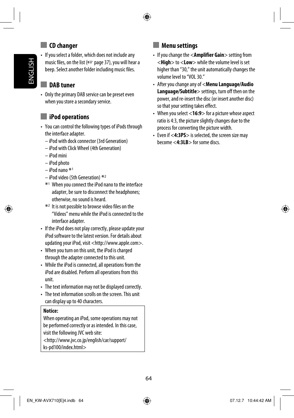 English, Cd changer, Dab tuner | Ipod operations, Menu settings | JVC LVT1778-001A User Manual | Page 140 / 666