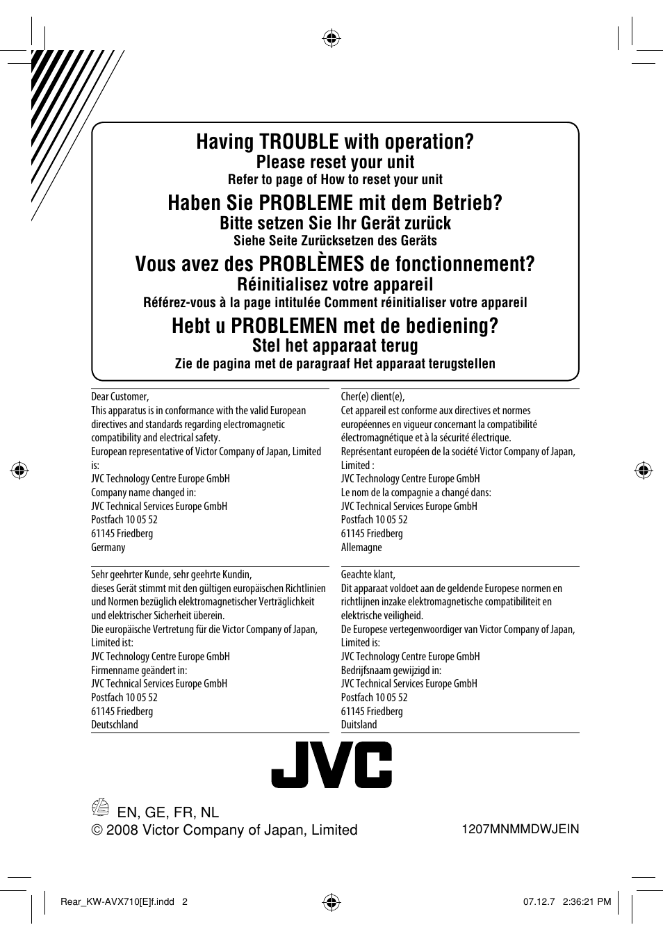Having trouble with operation, Haben sie probleme mit dem betrieb, Vous avez des problèmes de fonctionnement | Hebt u problemen met de bediening, Please reset your unit, Bitte setzen sie ihr gerät zurück, Réinitialisez votre appareil, Stel het apparaat terug | JVC LVT1778-001A User Manual | Page 150 / 666
