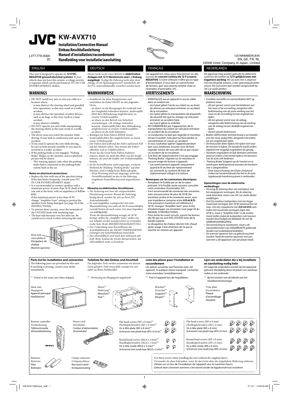 Installation/connection manual, Warnings, Parts list for installation and connection | Kw-avx710, Warnhinweise, Avertissements, Waarschuwing, English, Français, Deutsch | JVC LVT1778-001A User Manual | Page 151 / 666