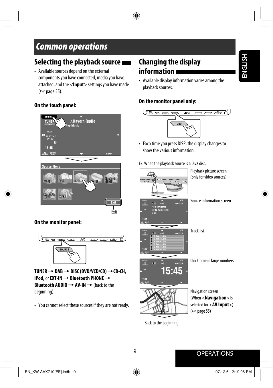 Common operations, Changing the display information, Selecting the playback source | Operations, English | JVC LVT1778-001A User Manual | Page 165 / 666