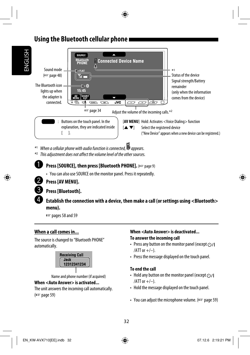 Using the bluetooth cellular phone, English | JVC LVT1778-001A User Manual | Page 188 / 666