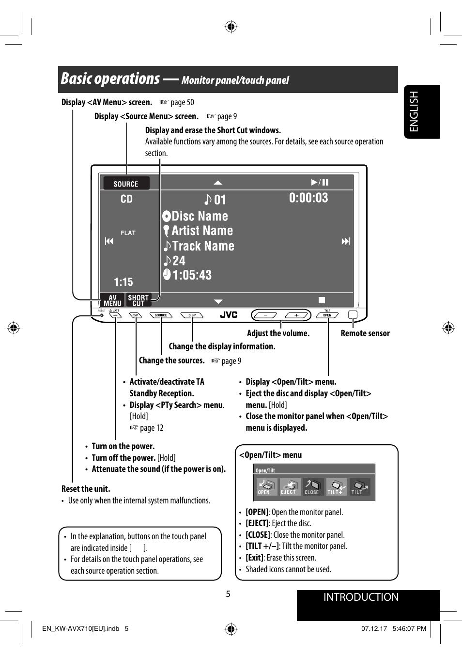 Basic operations — monitor panel/touch panel, Basic operations, English introduction | Monitor panel/touch panel | JVC LVT1778-001A User Manual | Page 241 / 666