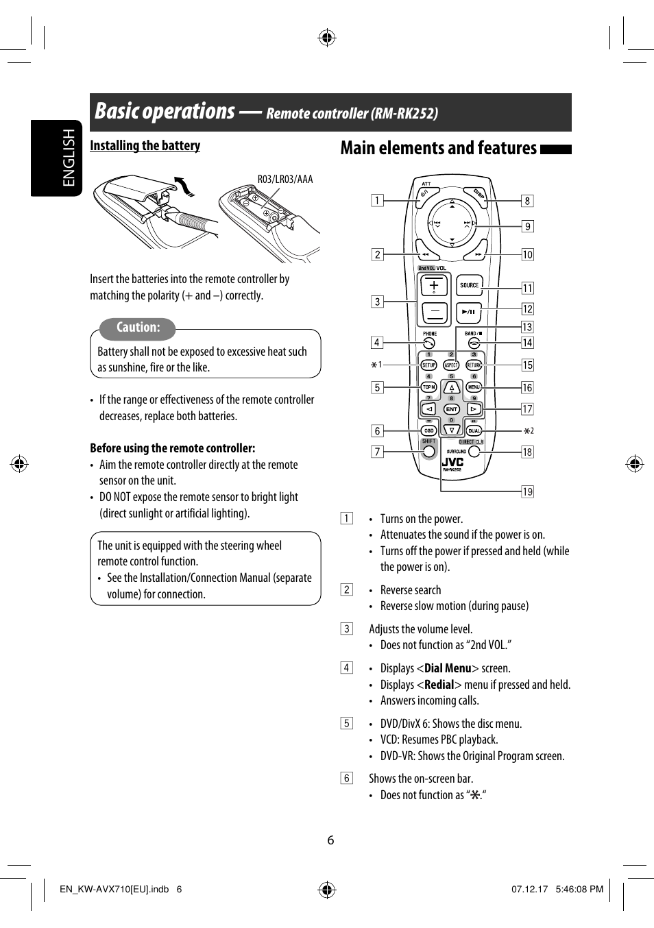 Basic operations — remote controller (rm-rk252), Basic operations, Main elements and features | English, Remote controller (rm-rk252) | JVC LVT1778-001A User Manual | Page 242 / 666