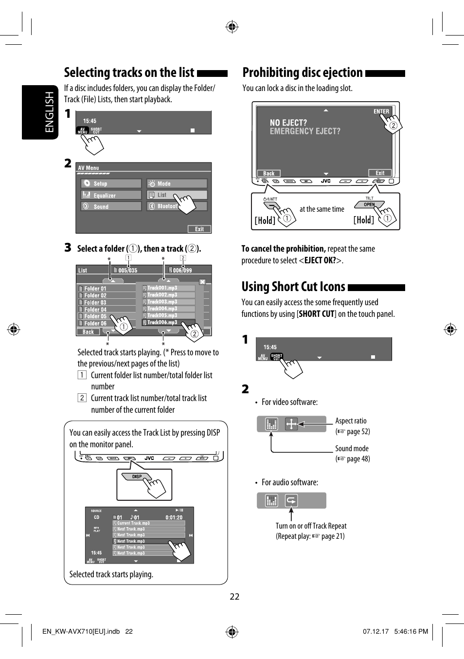 Prohibiting disc ejection, Using short cut icons, Selecting tracks on the list | JVC LVT1778-001A User Manual | Page 258 / 666