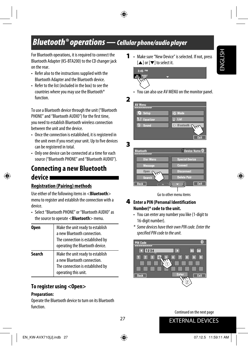 Bluetooth® operations, Connecting a new bluetooth device, Cellular phone/audio player | JVC LVT1778-001A User Manual | Page 27 / 666