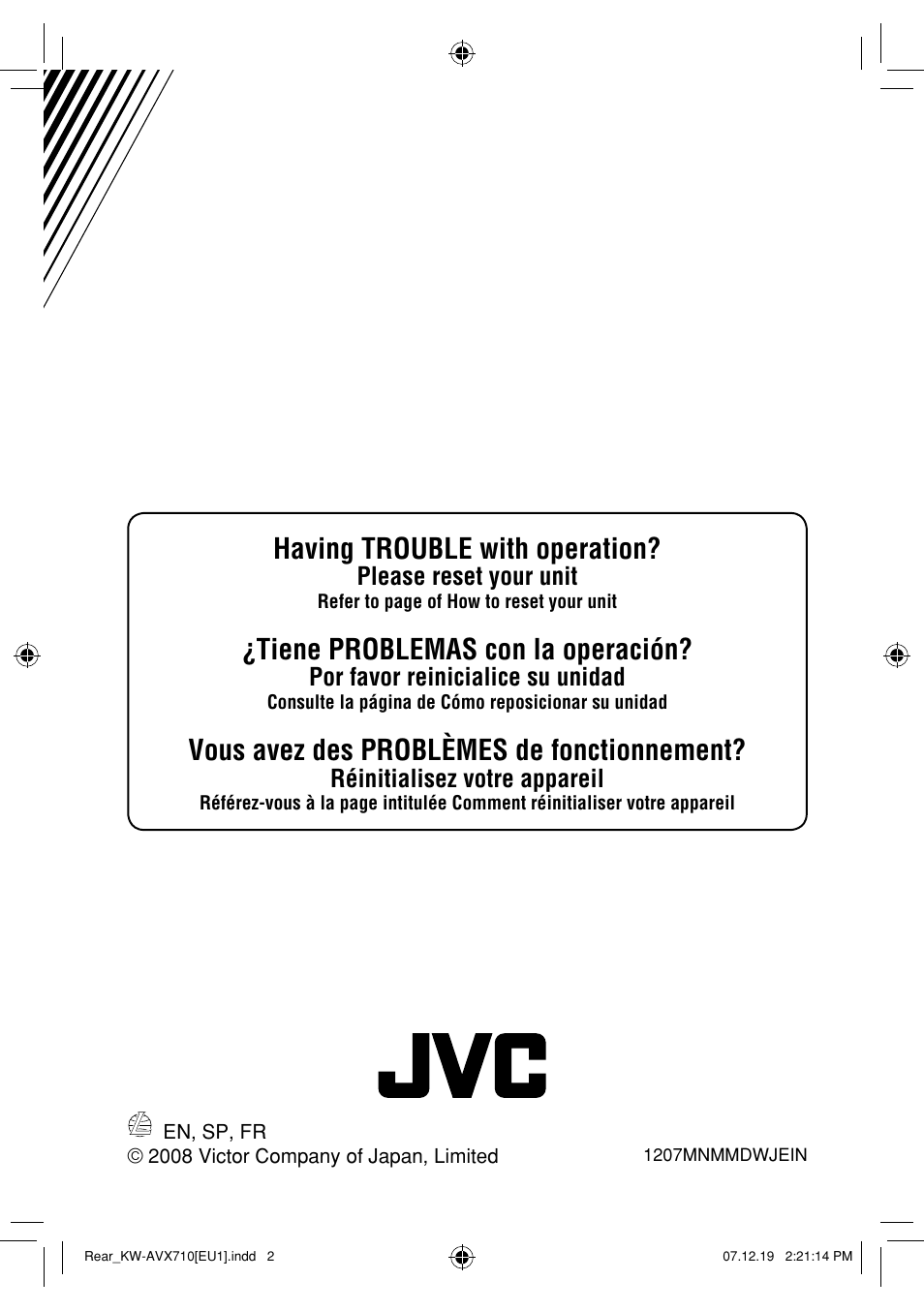 Having trouble with operation, Tiene problemas con la operación, Vous avez des problèmes de fonctionnement | Please reset your unit, Por favor reinicialice su unidad, Réinitialisez votre appareil | JVC LVT1778-001A User Manual | Page 310 / 666
