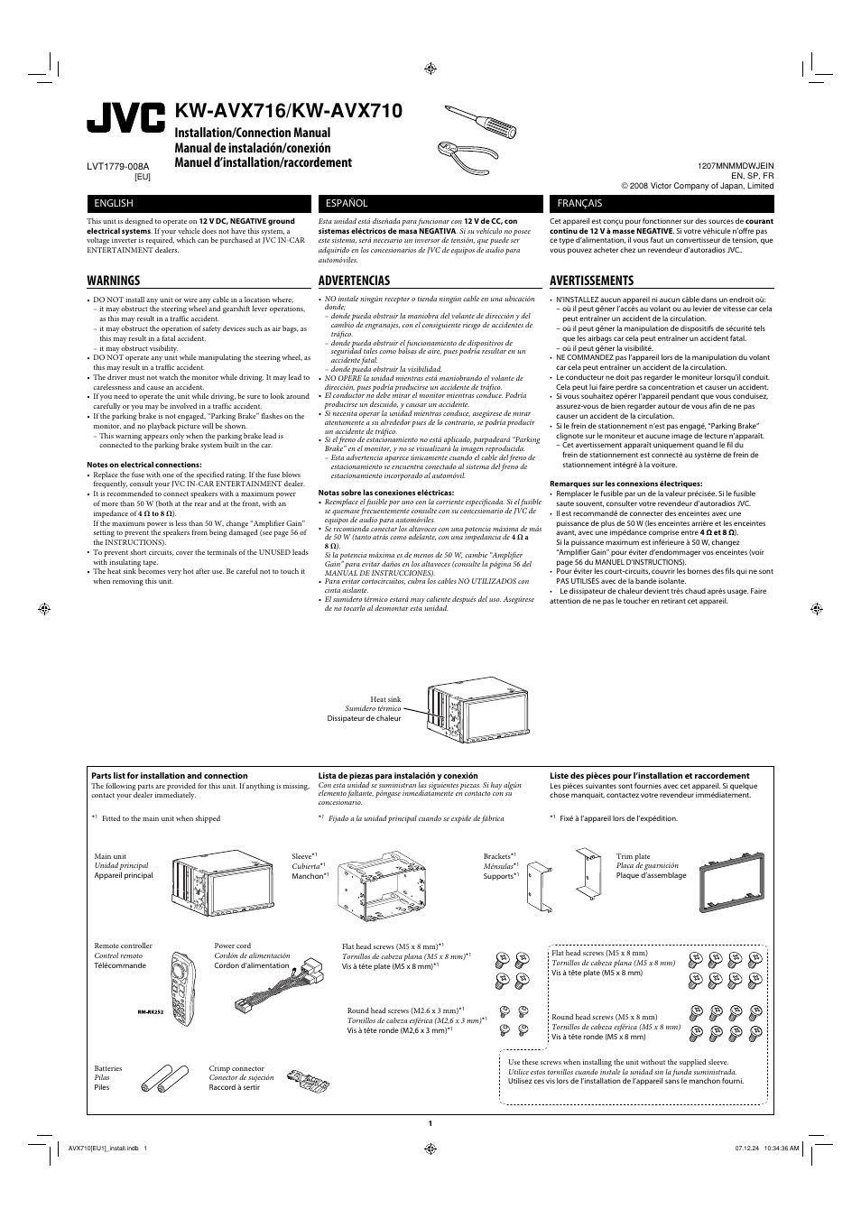 Installation/connection manual, Warnings, Parts list for installation and connection | Advertencias, Avertissements, English, Français, Español | JVC LVT1778-001A User Manual | Page 311 / 666