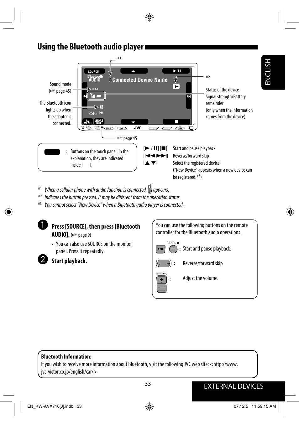 Using the bluetooth audio player, External devices english | JVC LVT1778-001A User Manual | Page 33 / 666