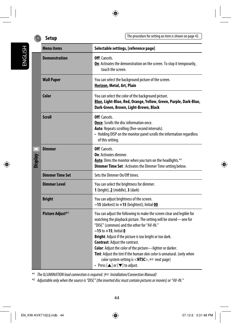 English setup, Display | JVC LVT1778-001A User Manual | Page 360 / 666