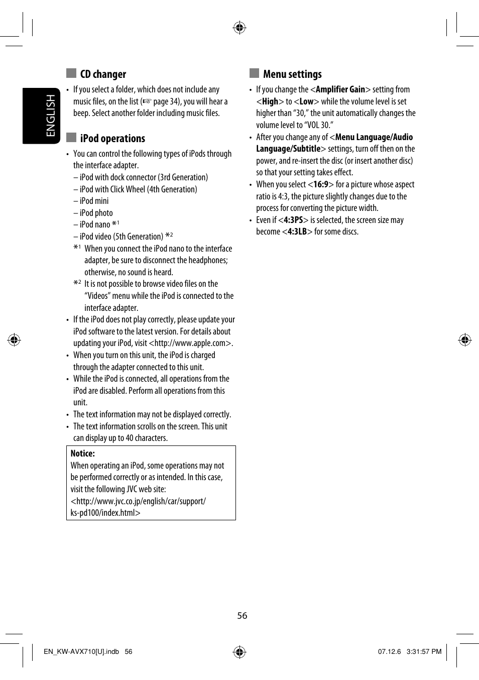 English, Cd changer, Ipod operations | Menu settings | JVC LVT1778-001A User Manual | Page 372 / 666