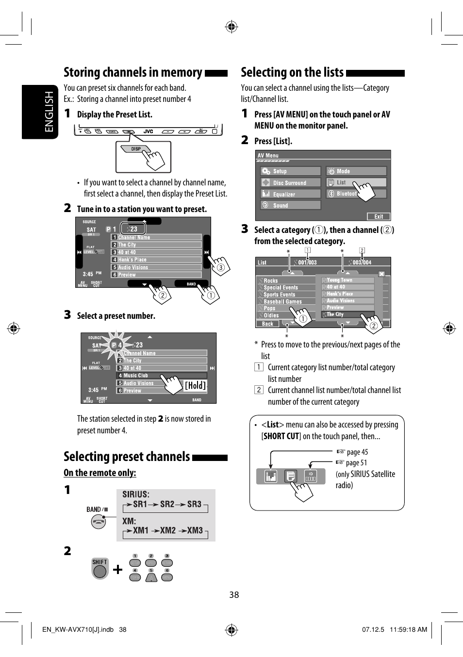 Selecting preset channels, Selecting on the lists | JVC LVT1778-001A User Manual | Page 38 / 666